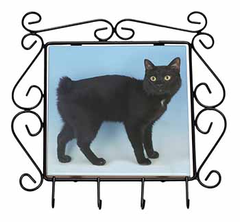 Cute Black Bobtail Cat Wrought Iron Key Holder Hooks