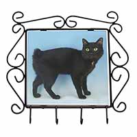 Cute Black Bobtail Cat Wrought Iron Key Holder Hooks