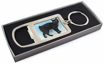 Cute Black Bobtail Cat Chrome Metal Bottle Opener Keyring in Box