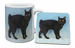 Cute Black Bobtail Cat Mug and Coaster Set