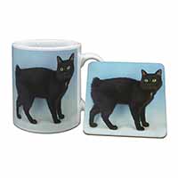 Cute Black Bobtail Cat Mug and Coaster Set