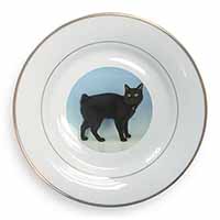 Cute Black Bobtail Cat Gold Rim Plate Printed Full Colour in Gift Box