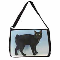 Cute Black Bobtail Cat Large Black Laptop Shoulder Bag School/College