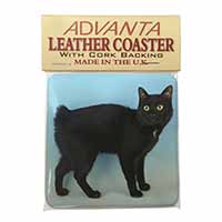 Cute Black Bobtail Cat Single Leather Photo Coaster