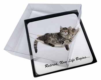 4x Cats in Hammock Retirement Gift Picture Table Coasters Set in Gift Box