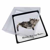 4x Cats in Hammock Retirement Gift Picture Table Coasters Set in Gift Box