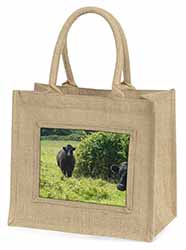 Cute Black Bull Natural/Beige Jute Large Shopping Bag