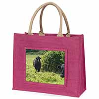 Cute Black Bull Large Pink Jute Shopping Bag