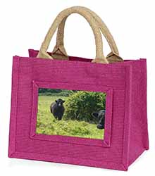Cute Black Bull Little Girls Small Pink Jute Shopping Bag