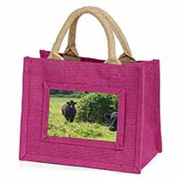 Cute Black Bull Little Girls Small Pink Jute Shopping Bag