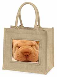 Cute Shar-Pei Puppy Dog Natural/Beige Jute Large Shopping Bag