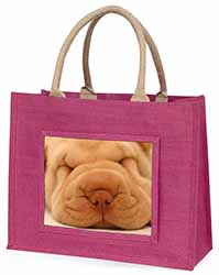 Cute Shar-Pei Puppy Dog Large Pink Jute Shopping Bag