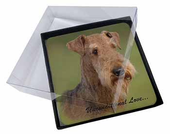 4x Airedale Terrier with Love Picture Table Coasters Set in Gift Box