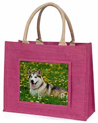 Alaskan Malamute Dog Large Pink Jute Shopping Bag