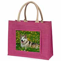 Alaskan Malamute Dog Large Pink Jute Shopping Bag