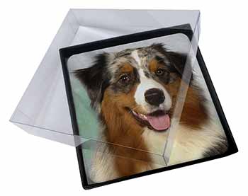4x Australian Shepherd Dog Picture Table Coasters Set in Gift Box