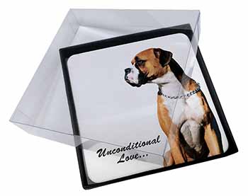 4x Boxer Dog With Love Picture Table Coasters Set in Gift Box