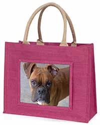 Red Boxer Dog Large Pink Jute Shopping Bag