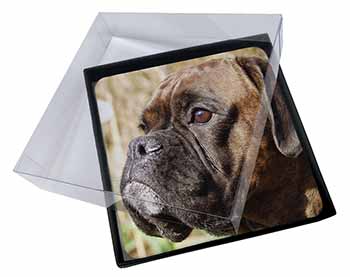4x Brindle Boxer Dog Picture Table Coasters Set in Gift Box