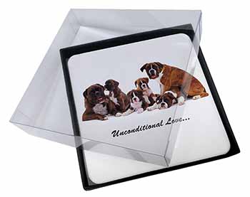 4x Boxer Dog-Love Picture Table Coasters Set in Gift Box