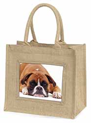 Red and White Boxer Dog Natural/Beige Jute Large Shopping Bag