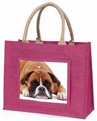 Red and White Boxer Dog Large Pink Jute Shopping Bag