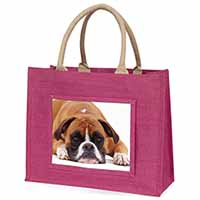 Red and White Boxer Dog Large Pink Jute Shopping Bag