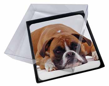 4x Red and White Boxer Dog Picture Table Coasters Set in Gift Box