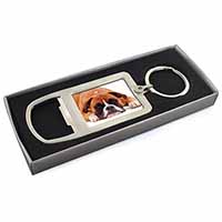 Red and White Boxer Dog Chrome Metal Bottle Opener Keyring in Box