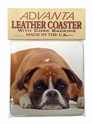 Red and White Boxer Dog Single Leather Photo Coaster