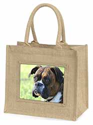 Brindle and White Boxer Dog Natural/Beige Jute Large Shopping Bag
