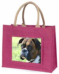 Brindle and White Boxer Dog Large Pink Jute Shopping Bag