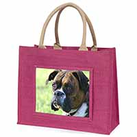 Brindle and White Boxer Dog Large Pink Jute Shopping Bag