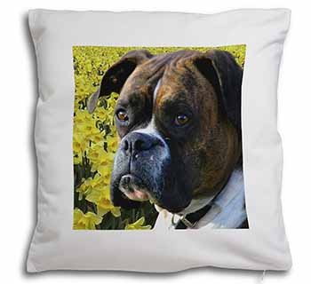 Boxer Dog with Daffodils Soft White Velvet Feel Scatter Cushion