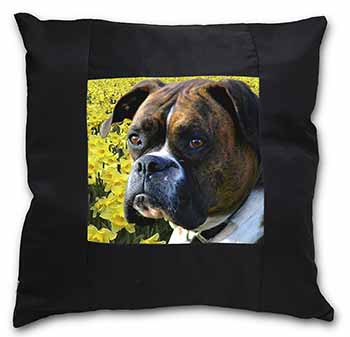 Boxer Dog with Daffodils Black Satin Feel Scatter Cushion