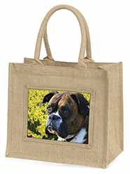 Boxer Dog with Daffodils Natural/Beige Jute Large Shopping Bag