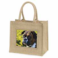 Boxer Dog with Daffodils Natural/Beige Jute Large Shopping Bag