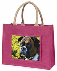 Boxer Dog with Daffodils Large Pink Jute Shopping Bag