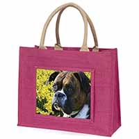 Boxer Dog with Daffodils Large Pink Jute Shopping Bag