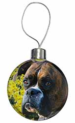 Boxer Dog with Daffodils Christmas Bauble