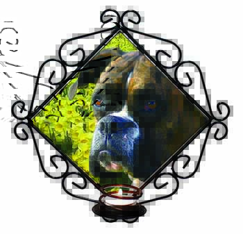 Boxer Dog with Daffodils Wrought Iron Wall Art Candle Holder