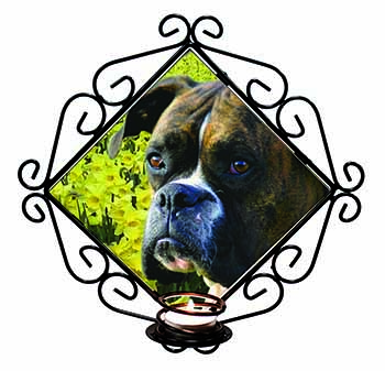 Boxer Dog with Daffodils Wrought Iron Wall Art Candle Holder