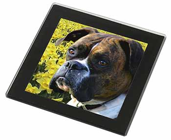 Boxer Dog with Daffodils Black Rim High Quality Glass Coaster
