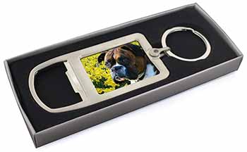 Boxer Dog with Daffodils Chrome Metal Bottle Opener Keyring in Box
