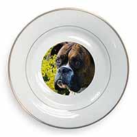 Boxer Dog with Daffodils Gold Rim Plate Printed Full Colour in Gift Box