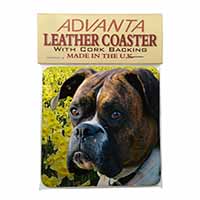 Boxer Dog with Daffodils Single Leather Photo Coaster