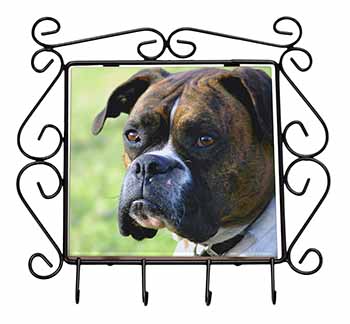 Brindle and White Boxer Dog Wrought Iron Key Holder Hooks