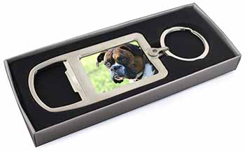 Brindle and White Boxer Dog Chrome Metal Bottle Opener Keyring in Box