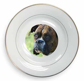 Brindle and White Boxer Dog Gold Rim Plate Printed Full Colour in Gift Box