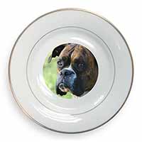 Brindle and White Boxer Dog Gold Rim Plate Printed Full Colour in Gift Box